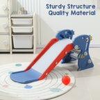 Toddler Indoor Slide For 0 To 3 Years Old Easy Assembly Dinosaur Shape Foldable Slide With Basketball Hoop Stairs Blue