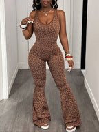 Shein Women'S Seamless Leopard Print Yoga Jumpsuit, High Stretch Waist Cinching Micro Flare One-Piece, Removable Cup Pads, Backless Sports Jumpsuit