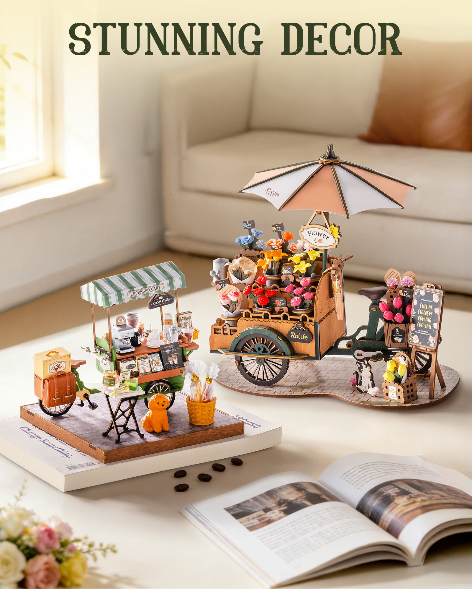 Coffee Cart Mini DIY Kit, 290-piece 3D Wooden Dollhouse Model, No Glue Required, Desktop Decoration And Handmade Gift For Adults