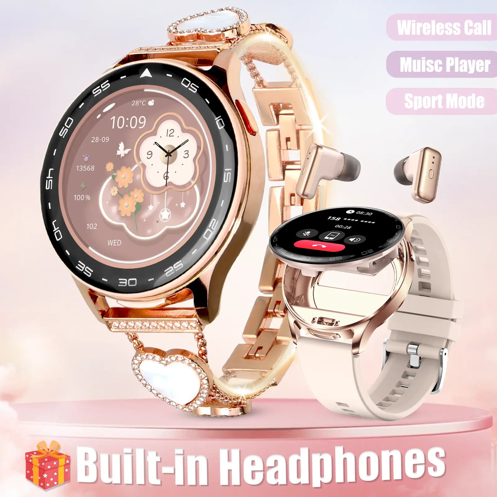 Multifunctional Smart Watches for Women Men with Earbuds & Shell Strap, Wirelss Calls(Answer&Make), 1.39'' HD Screen Smartwatch with IP67 Waterproof Muisc Player Magenatic Charging for Ios Android Smartphones for Holiday Gifts