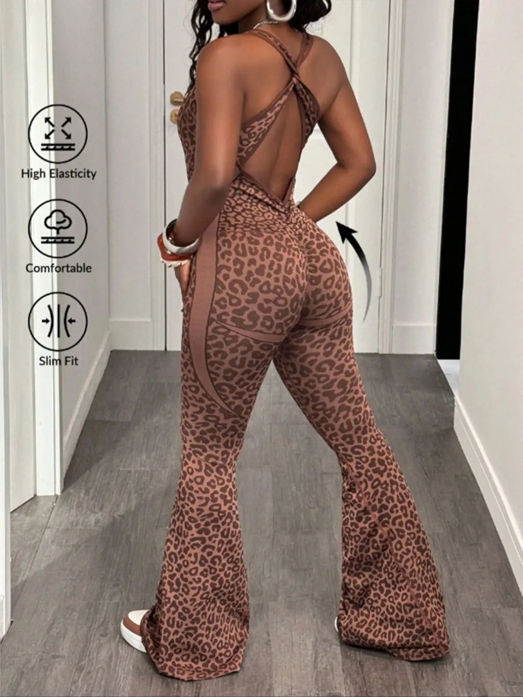 Shein Women'S Seamless Leopard Print Yoga Jumpsuit, High Stretch Waist Cinching Micro Flare One-Piece, Removable Cup Pads, Backless Sports Jumpsuit