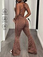 Shein Women'S Seamless Leopard Print Yoga Jumpsuit, High Stretch Waist Cinching Micro Flare One-Piece, Removable Cup Pads, Backless Sports Jumpsuit