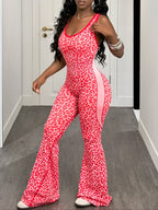 Shein Women'S Seamless Leopard Print Yoga Jumpsuit, High Stretch Waist Cinching Micro Flare One-Piece, Removable Cup Pads, Backless Sports Jumpsuit