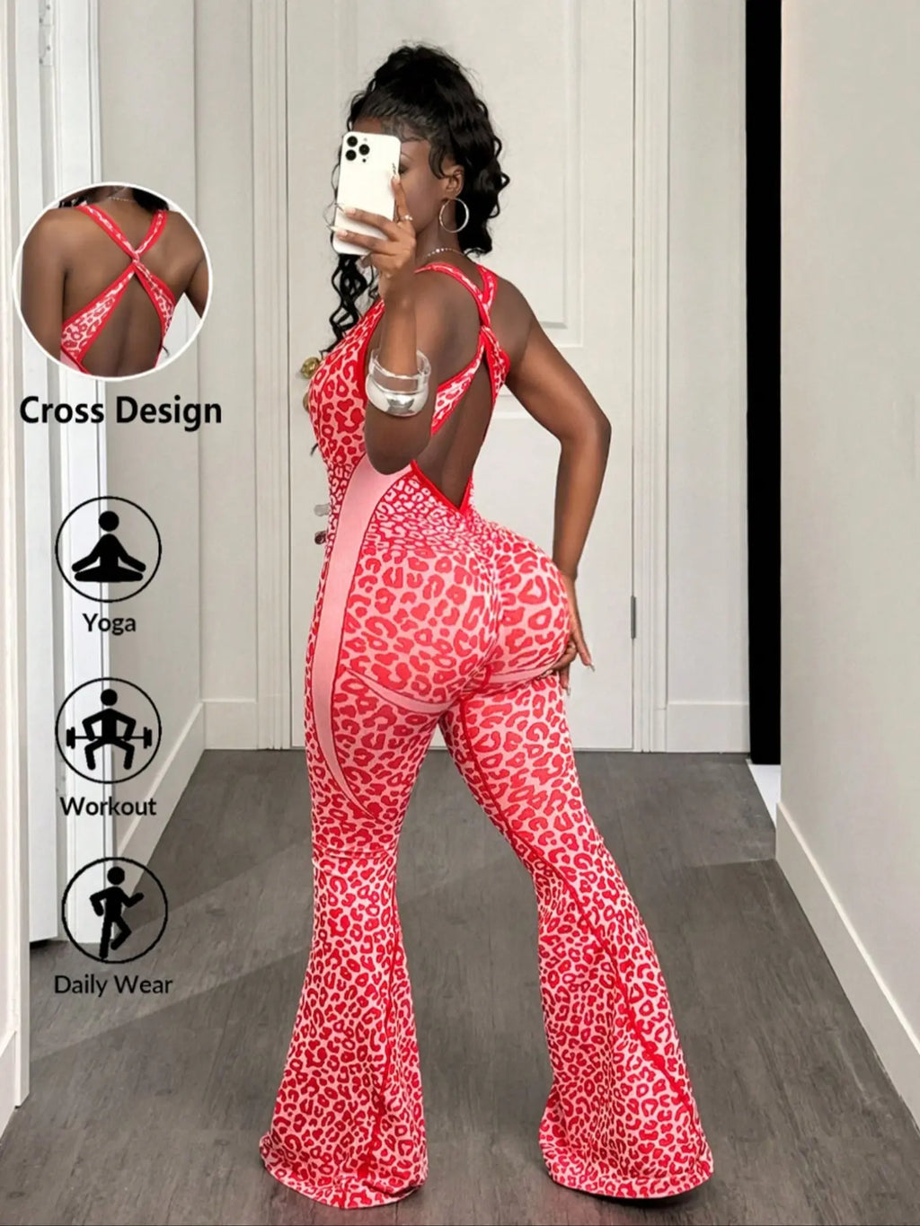 Shein Women'S Seamless Leopard Print Yoga Jumpsuit, High Stretch Waist Cinching Micro Flare One-Piece, Removable Cup Pads, Backless Sports Jumpsuit