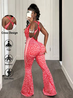 Shein Women'S Seamless Leopard Print Yoga Jumpsuit, High Stretch Waist Cinching Micro Flare One-Piece, Removable Cup Pads, Backless Sports Jumpsuit