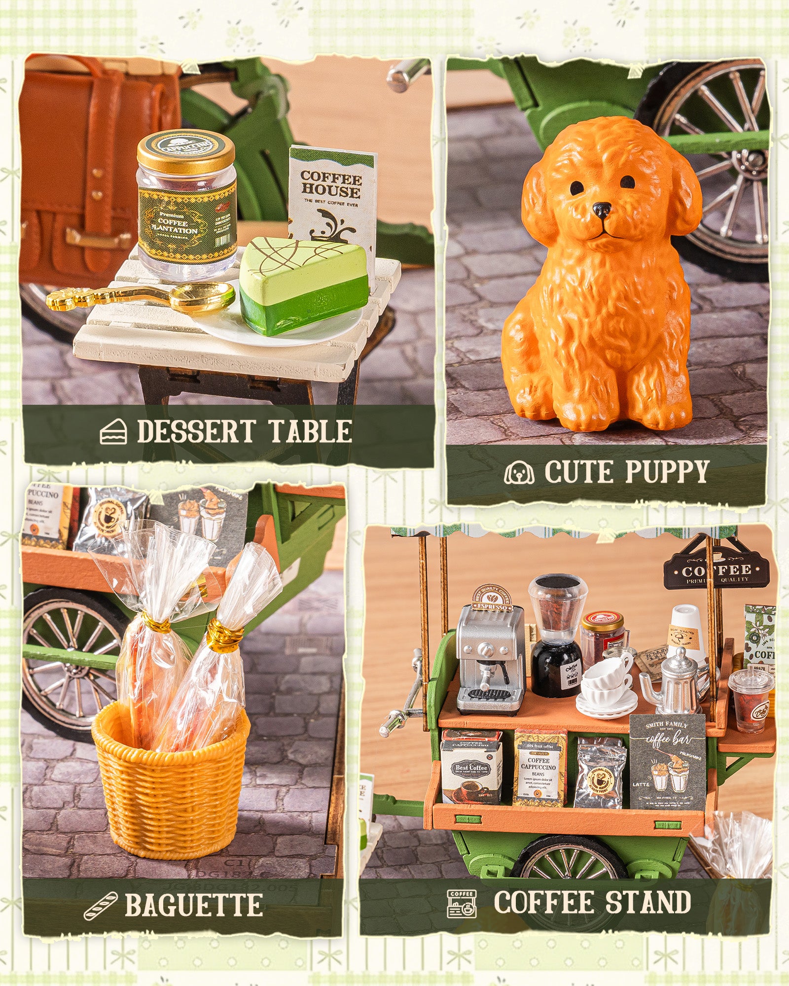 Coffee Cart Mini DIY Kit, 290-piece 3D Wooden Dollhouse Model, No Glue Required, Desktop Decoration And Handmade Gift For Adults