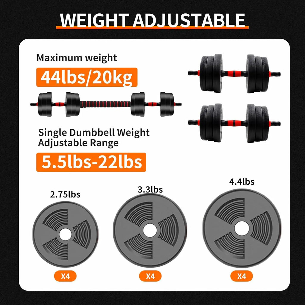 44Lbs Adjustable 2-In-1 Dumbbell Convertible Barbell & Dumbbell Quick-Change Weight System Ideal for Fitness Home Gym