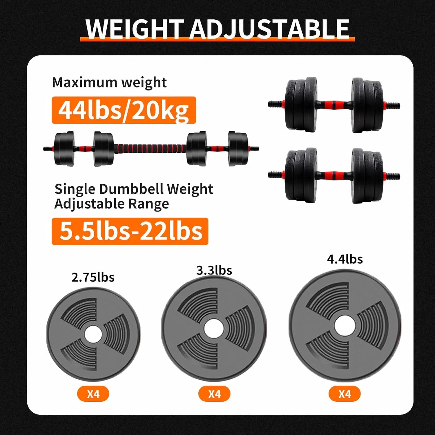 44Lbs Adjustable 2-In-1 Dumbbell Convertible Barbell & Dumbbell Quick-Change Weight System Ideal for Fitness Home Gym