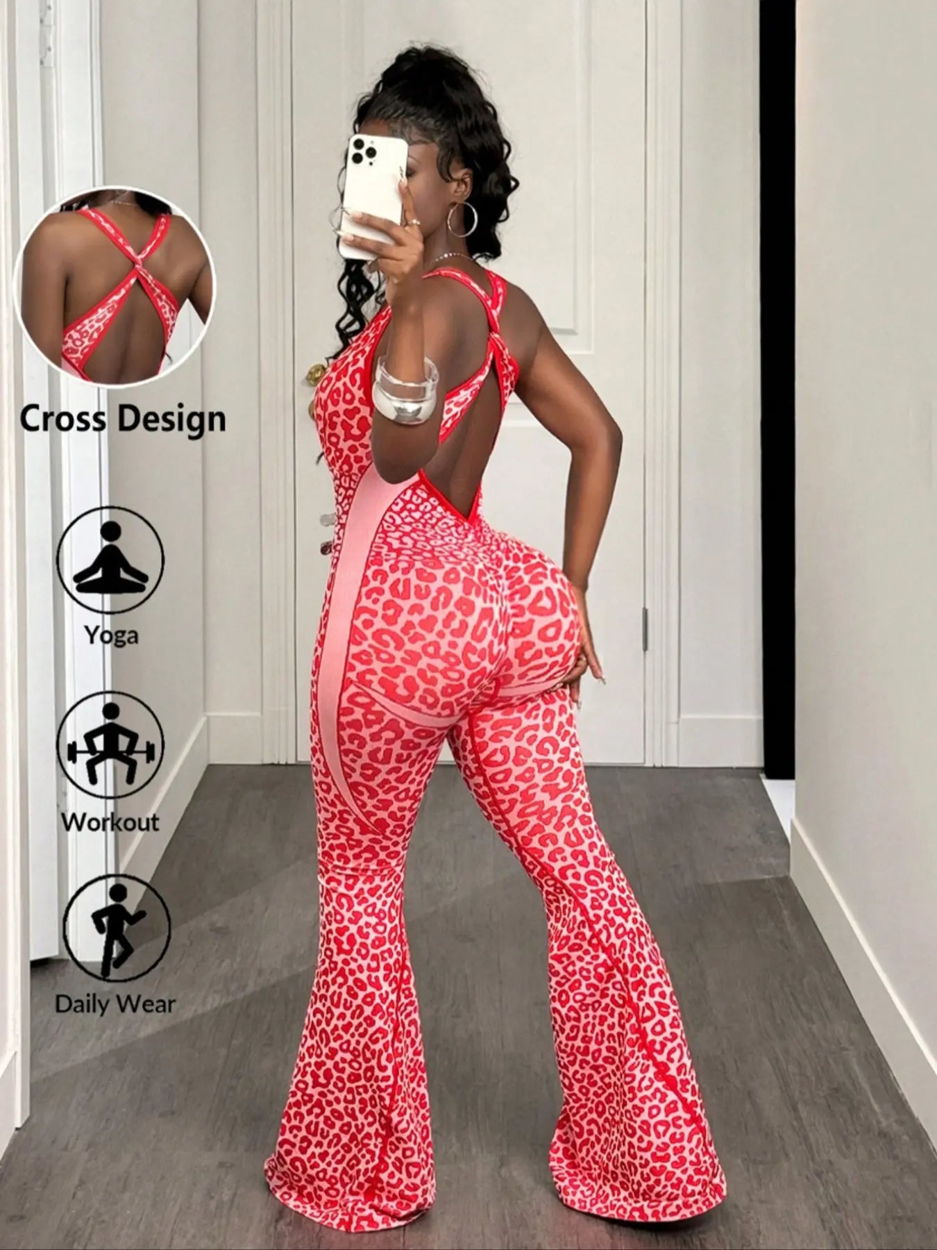 Shein Women'S Seamless Leopard Print Yoga Jumpsuit, High Stretch Waist Cinching Micro Flare One-Piece, Removable Cup Pads, Backless Sports Jumpsuit