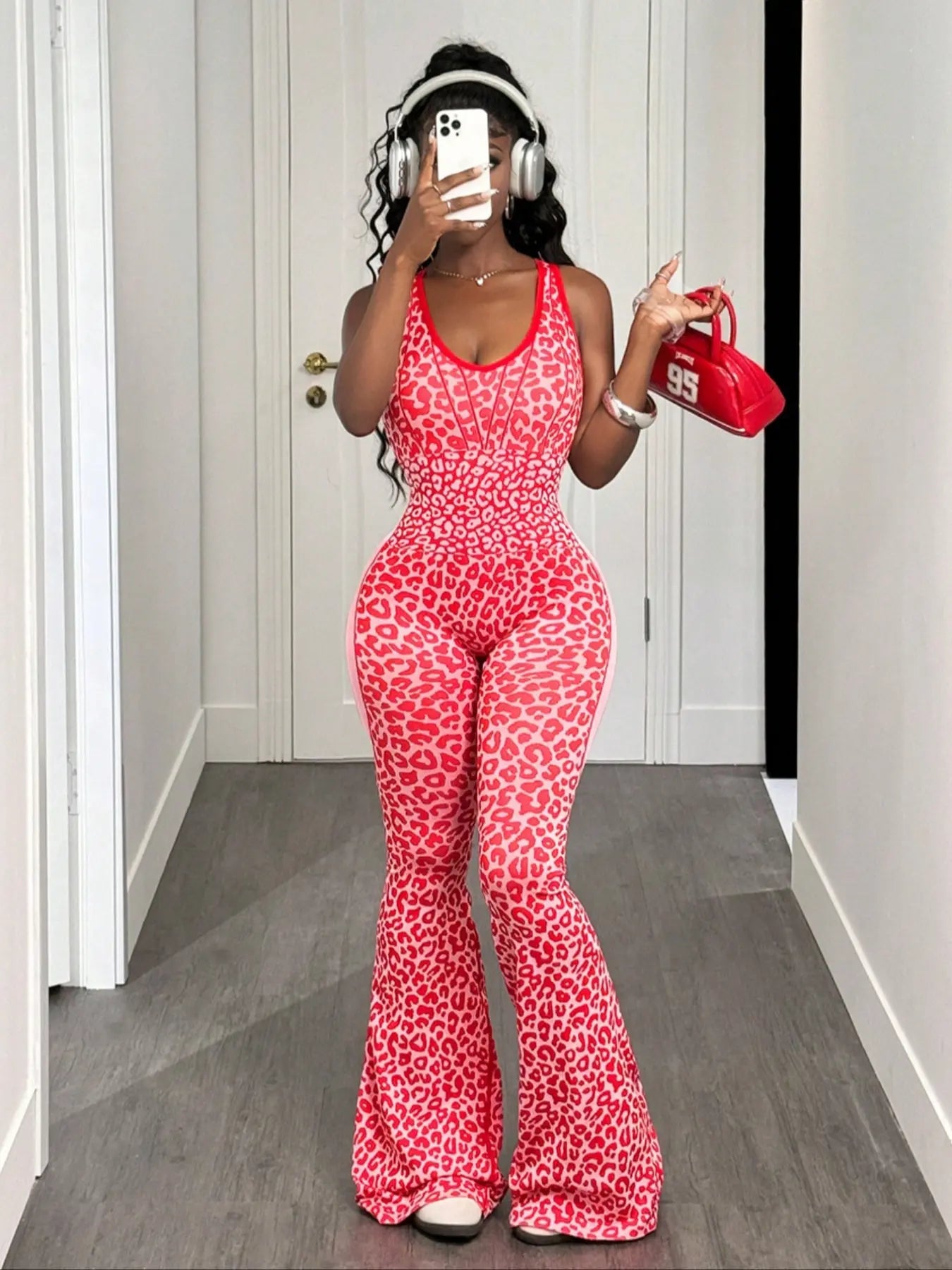 Shein Women'S Seamless Leopard Print Yoga Jumpsuit, High Stretch Waist Cinching Micro Flare One-Piece, Removable Cup Pads, Backless Sports Jumpsuit