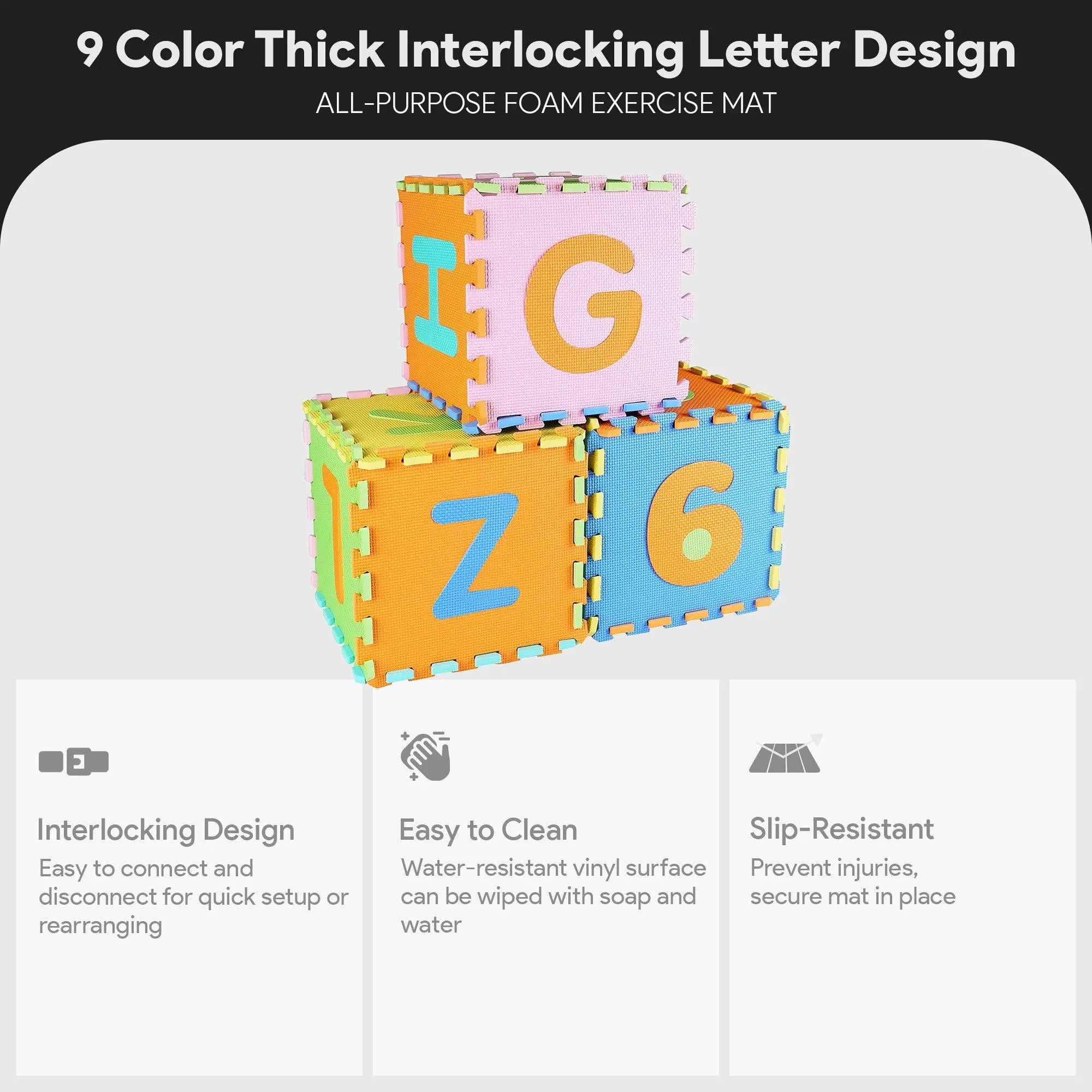 Balancefrom 9 Color Thick Interlocking Letter Puzzle Foam Exercise Play Mats, 36