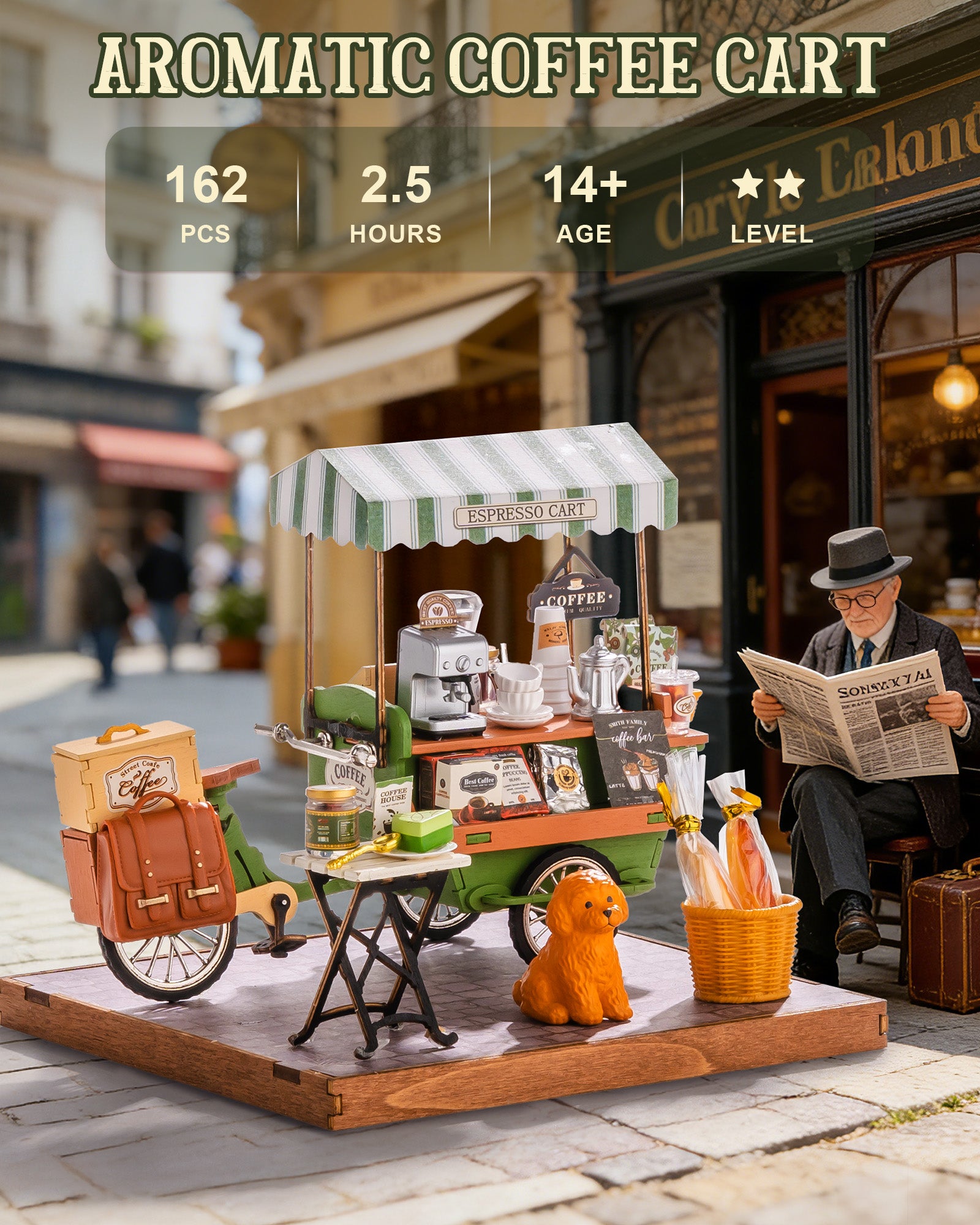 Coffee Cart Mini DIY Kit, 290-piece 3D Wooden Dollhouse Model, No Glue Required, Desktop Decoration And Handmade Gift For Adults